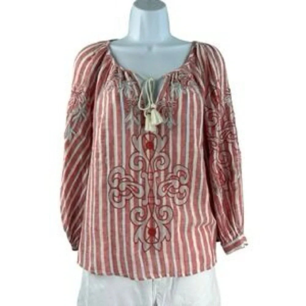 Anthropologie Pink Striped Embroidered Blouse - Picture 4 of 11